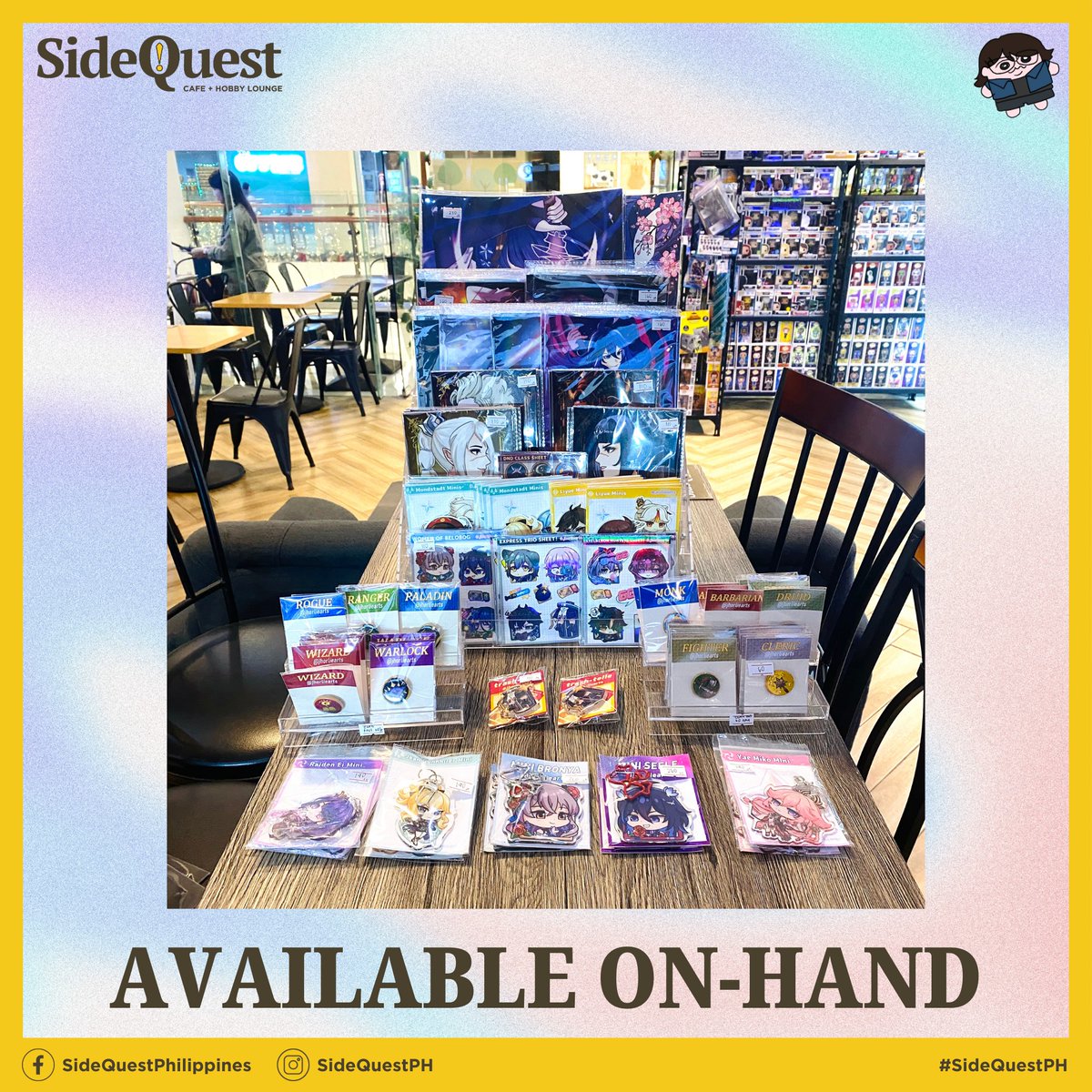 Happy to announce my partnership with SideQuest❗️ You can now avail my merch outside conventions! Hurry because limited stocks are available!
Tag me on your hauls! 🖤💛

--

SideQuest: Cafe + Hobby Lounge - 3/F East Wing, Estancia, Capitol Commons, Pasig City, Philippines