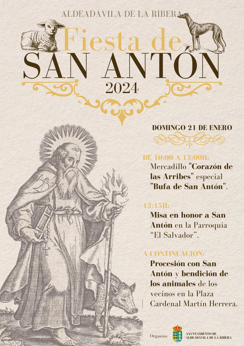 ✨Fiesta de San Antón ✨

Este próximo domingo celebramos en Aldeadávila de la Ribera la festividad de San Antón🐶🐱🐰. 

Ya puedes consultar en el siguiente cartel el programa preparado para ese día⤵️

¡Te esperamos!😊