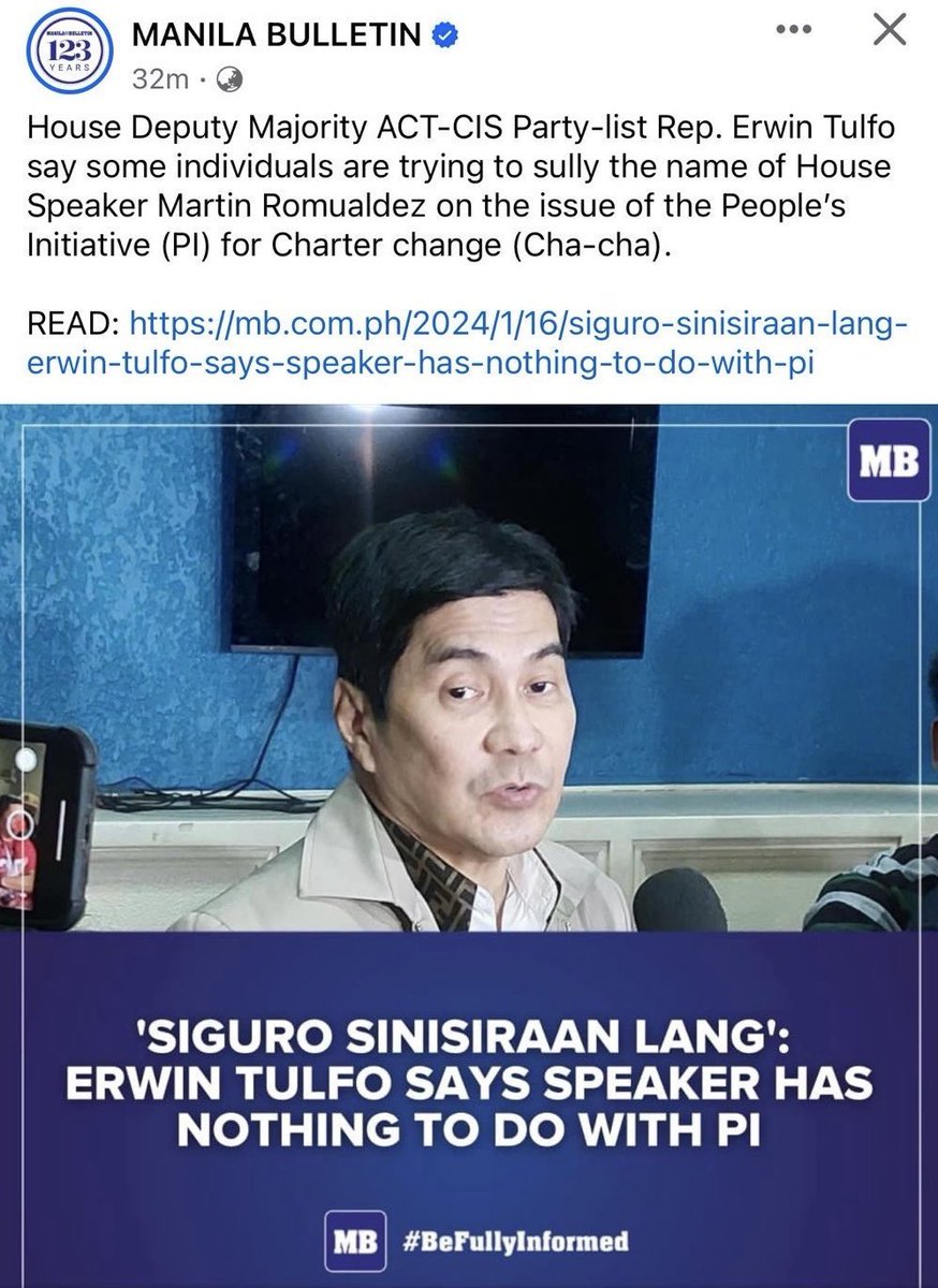 MacLopez769's tweet photo. Wait, seryoso ba si Cong Erwin Tulfo in his denial? 

Hindi sya aware that the office of Speaker Martin Romualdez blasted last December 11, 2023 the press release that it is eyeing the People’s Initiative or PI as the  jumping point for Charter Change or Cha Cha?

All major media outlets carried the story:￼

https://t.co/vvxn7ezgrL

https://t.co/CiIBEuBukR

https://t.co/LjBiTHEmNI

Ang linaw linaw naman.

Anyare Erwin, panong may maninira eh ayan at major news story yan last month?

Bakit ngayon, in denial?