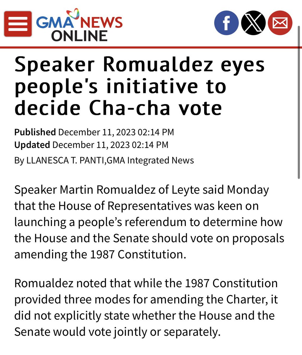 MacLopez769's tweet photo. Wait, seryoso ba si Cong Erwin Tulfo in his denial? 

Hindi sya aware that the office of Speaker Martin Romualdez blasted last December 11, 2023 the press release that it is eyeing the People’s Initiative or PI as the  jumping point for Charter Change or Cha Cha?

All major media outlets carried the story:￼

https://t.co/vvxn7ezgrL

https://t.co/CiIBEuBukR

https://t.co/LjBiTHEmNI

Ang linaw linaw naman.

Anyare Erwin, panong may maninira eh ayan at major news story yan last month?

Bakit ngayon, in denial?