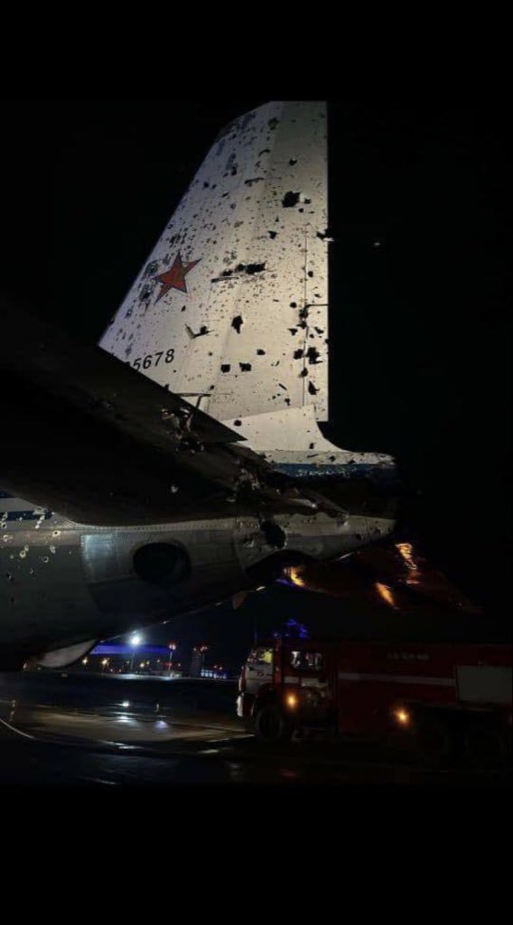 Vertical stabilizer of the Russian Il-22M RF-95678, pictured here at Anapa Airport after taking a severe missile hit over the Sea of Azov.