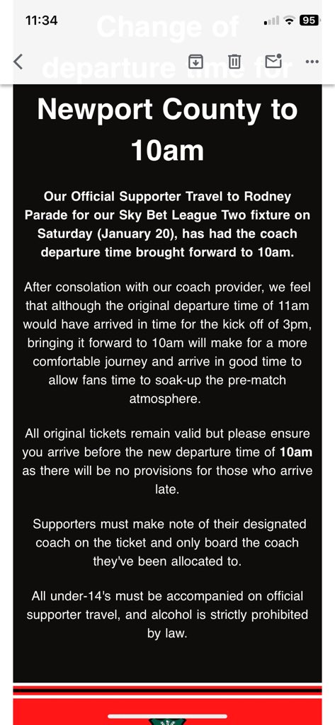 Paul_DaviesWXM's tweet photo. For anyone travelling Saturday on the club coaches to Newport, the departure time is now 10am. Emails sent out this morning to those booked-on. #Wxmafc https://t.co/KDuMkbul71