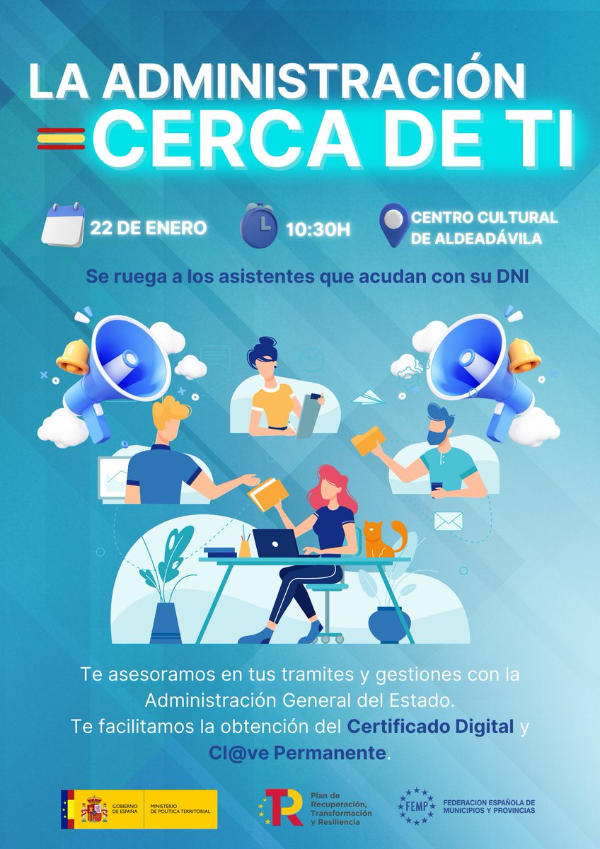 Si tienes dudas sobre algún trámite con la Administración General del Estado, si no tienes aún certificado digital y no sabes cómo solicitarlo, o si quieres aprender a realizar gestiones online con la Administración ¡Esta formación te interesa!😉

📅22 de enero
🕠10:30h