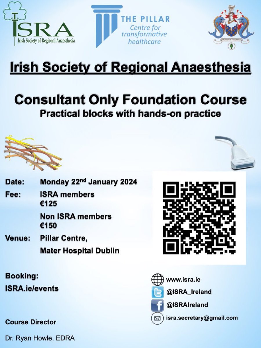 ISRA (@isra_ireland) on Twitter photo The upcoming <a href="/ISRA_Ireland/">ISRA</a> Consultant Only Foundation Courseย at <a href="/ThePillarDublin/">The Pillar Dublin</a> on Mon 22nd Jan 2024 is fast approaching.
Very limited places remain on this popular course. Book now to avoid disappointment.
@COAIrl <a href="/NIRASociety/">NIRAS</a> <a href="/RegionalAnaesUK/">RA-UK</a> <a href="/ESRA_Society/">ESRA | European Society of Regional Anaesthesia</a> The upcoming <a href="/ISRA_Ireland/">ISRA</a> Consultant Only Foundation Courseย at <a href="/ThePillarDublin/">The Pillar Dublin</a> on Mon 22nd Jan 2024 is fast approaching.
Very limited places remain on this popular course. Book now to avoid disappointment.
@COAIrl <a href="/NIRASociety/">NIRAS</a> <a href="/RegionalAnaesUK/">RA-UK</a> <a href="/ESRA_Society/">ESRA | European Society of Regional Anaesthesia</a>