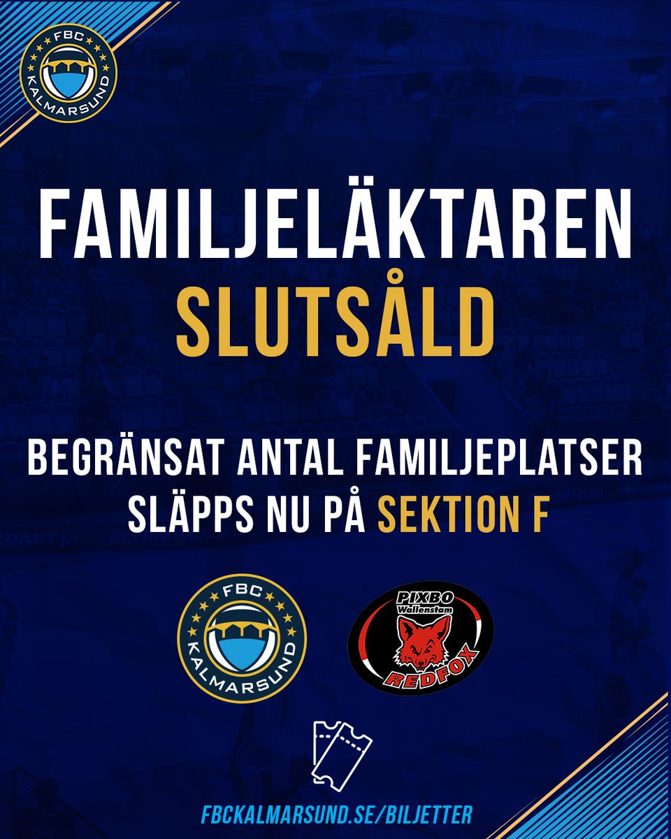 FBCKalmarsund's tweet photo. Familjeläktaren är slutsåld! 👨‍👩‍👧‍👦

Ytterligare familjeplatser till ett fantastiskt pris släpps nu på sektion F när herrarna tar emot Pixbo på lördag – först till kvarn!

🎫 Säkra din biljett på https://t.co/I0jkmubZWU https://t.co/daSMZr8Hy7