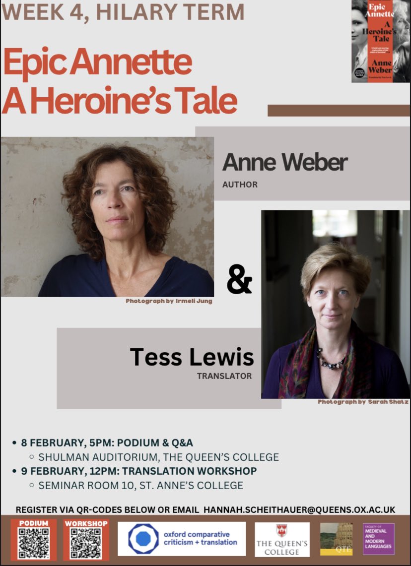 @HannahScheitha1’s organized a brilliant book talk & translation workshop on ‘Epic Annette’, a tale of French resistance in WWII & the later Algerian War for independence by Anne Weber, translated by @tesslewis94 Talk: Feb 8, 5pm, Queen’s Workshop: Feb 9, 12pm, St. Anne’s