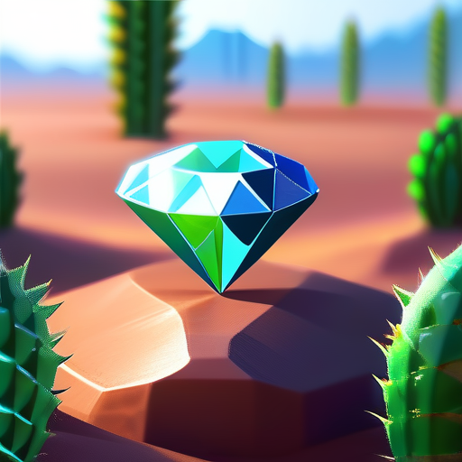 NeuropulseAI's tweet photo. prompt/ A diamond in the desert, shining. Everything is dry. Next to the diamond are green plants and trees. Realistic. Vivid colors. Depth. https://t.co/o4TxPYFpaQ