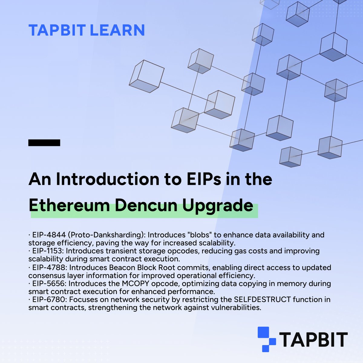 Tapbitglobal's tweet photo. 📢 Ethereum Dencun Upgrade will go live on Goerli testnet on January 17.
📖Let's explore the knowledge you need to know about the upgrade with #TapbitLearn👇
#Ethereum #DencunUpgrade https://t.co/83WHxLIbFb