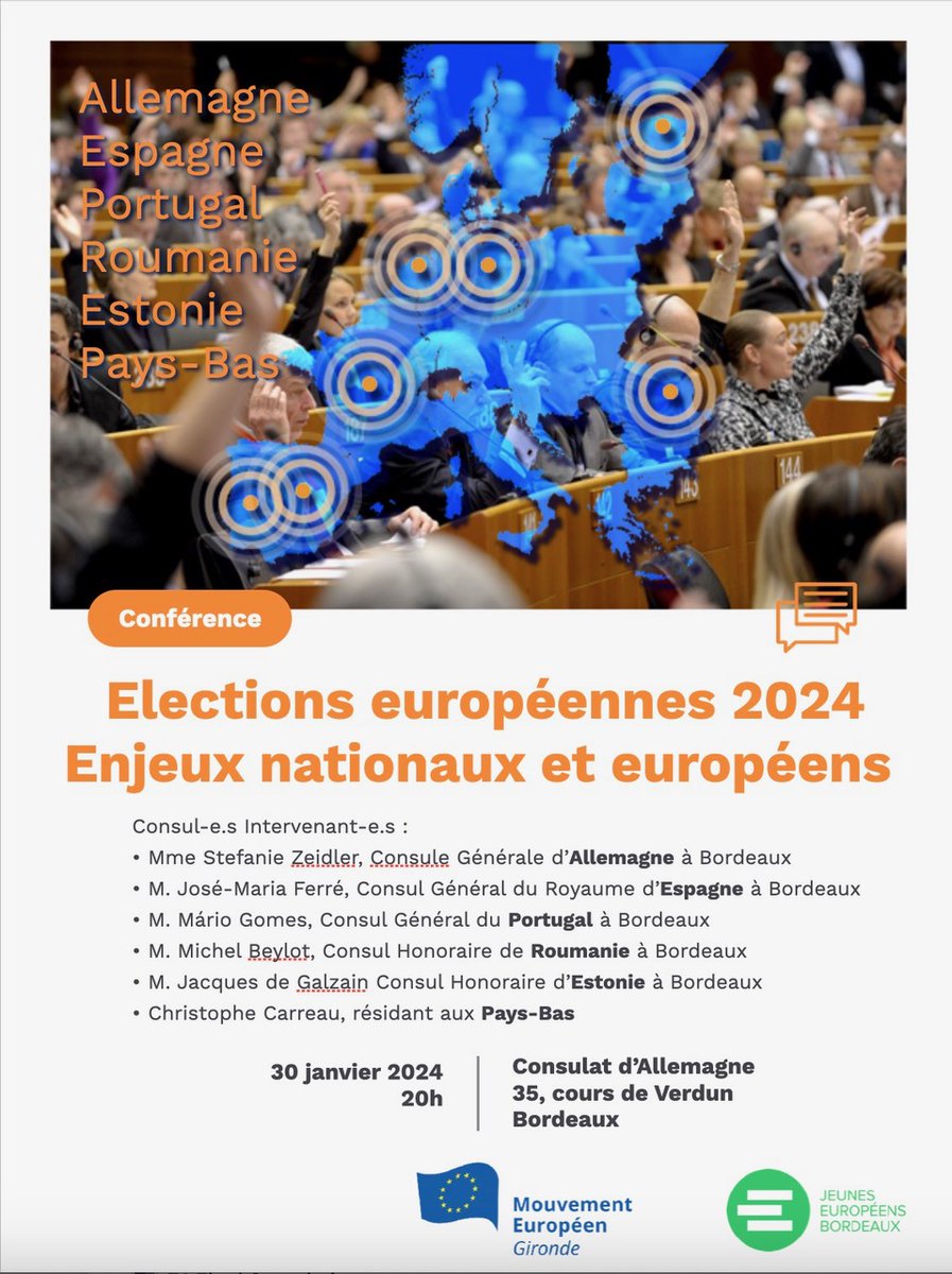 Conférence à venir 🇪🇺

Alors que la campagne des européennes démarre en France, qu'en est-il chez nos voisins européens?

Nous avons le plaisir de vous  inviter à notre événement du 30 janvier pour en débattre.

<a href="/MEFGironde/">Mouvement europeen de Gironde</a> <a href="/JeunesEuropeens/">Les Jeunes Européens - France</a> <a href="/Make_org/">Make.org</a> 
#Europeennes2024