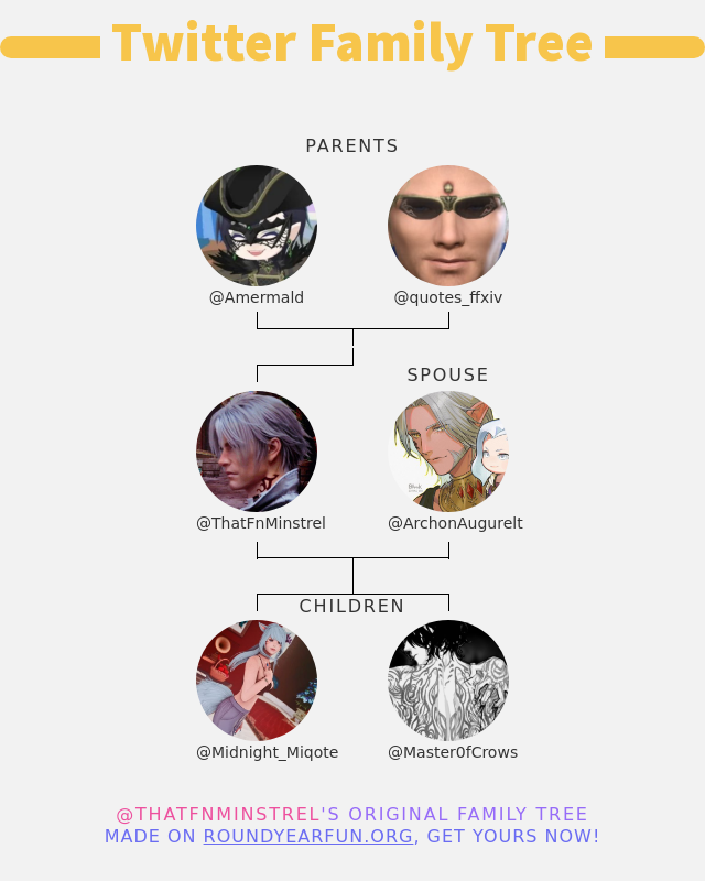 👨‍👩‍👧‍👦 My Twitter Family:
👫 Parents: <a href="/Amermald/">amermaid.bsky.social</a> <a href="/quotes_ffxiv/">ffxiv quotes bot</a>
👰 Spouse: <a href="/ArchonAugurelt/">𝕌𝕣𝕚𝕒𝕟𝕘𝕖𝕣 𝔸𝕦𝕘𝕦𝕣𝕖𝕝𝕥-𝕎𝕒𝕥𝕖𝕣𝕤 🌙</a>
👶 Children: <a href="/Midnight_Miqote/">Kira Midnight</a> <a href="/Master0fCrows/">Erebus</a>

➡️ funxgames.me/twitterfamily?…