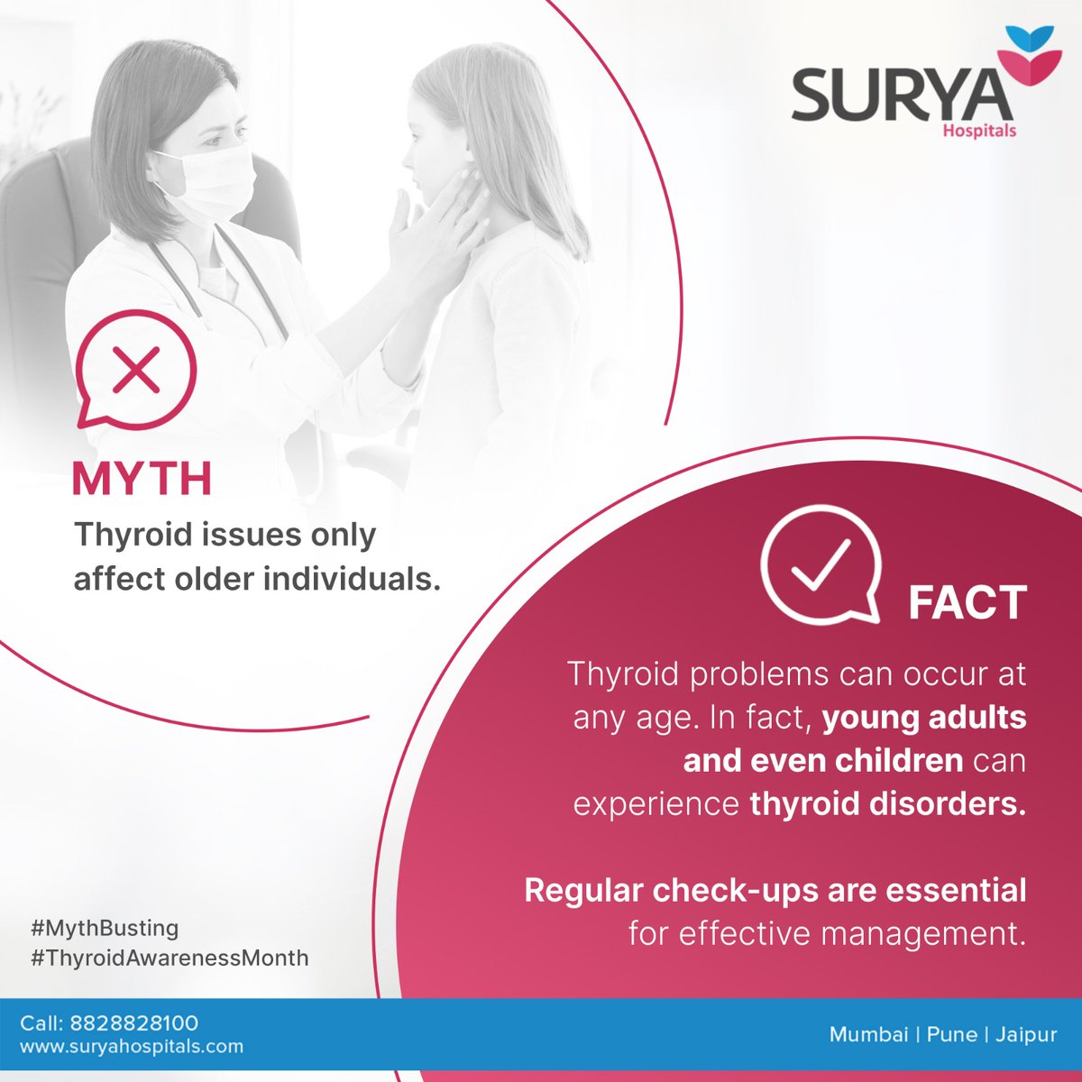 There is a common misconception that thyroid only affects older individuals, however, the reality is that it can affect anyone, even small children. Read this, to know more.

To know more, visit our website: lnkd.in/gzTEge7 or call us at +91 8828828100

#SuryaHospitals
