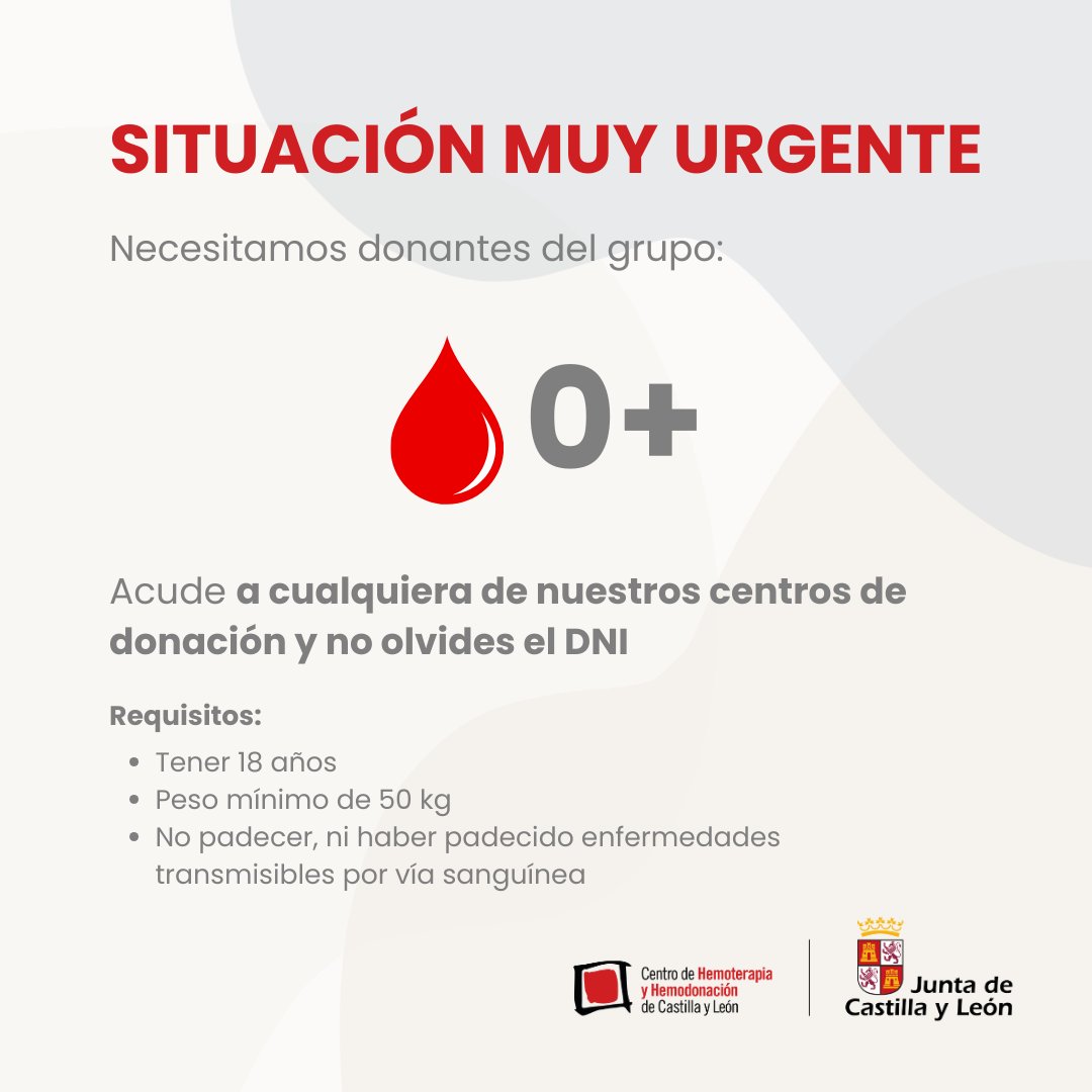 📣 Llamamiento por situación MUY URGENTE para donar sangre del grupo 0+.

Si eres de este grupo, acercate a donar en cuanto puedas.

Tienes toda la info e ubicaciones en centrodehemoterapiacyl.es