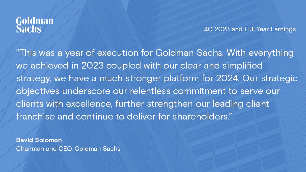 GoldmanSachs's tweet photo. Our Chairman and CEO David Solomon comments on $GS' 4Q 2023 and full year earnings results: https://t.co/uyeTBVFVP6 https://t.co/PDDJDncuZI