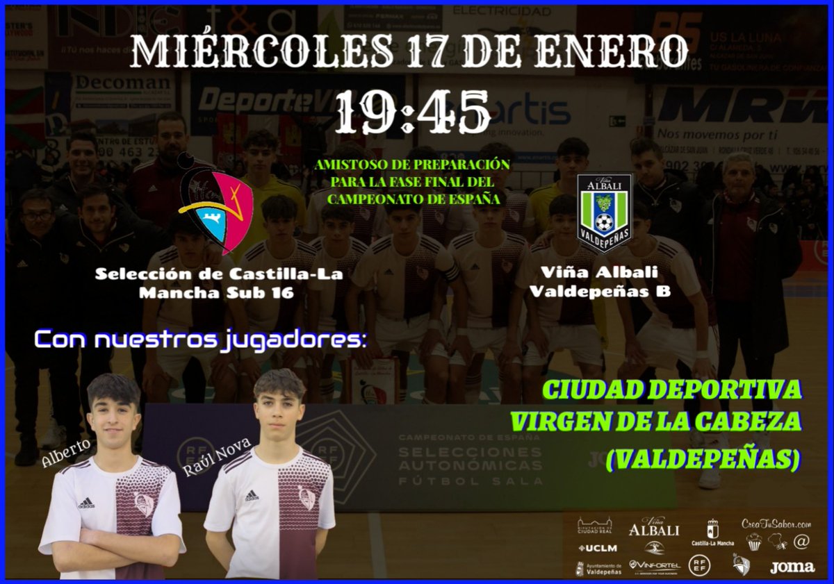 Este miércoles visita Valdepeñas la Selección de Castilla-La Mancha Sub 16 de Pedro Madrid, con nuestros jugadores Alberto y Raúl Nova.

A las 18:00 entrenarán en el Virgen de la Cabeza.

Y a las 19:45 jugarán un partido amistoso con el Viña Albali Valdepeñas B.