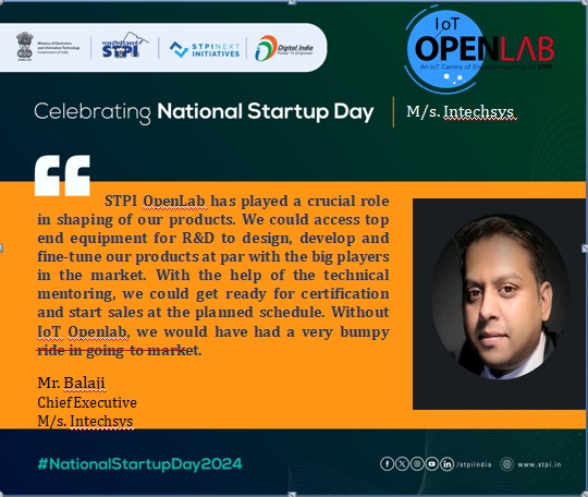 STPIBengaluru's tweet photo. M/s. Intechsys on #NationalStartupDay2024 for emphasized that @STPI_IoTOpenLab played a crucial role in shaping their products at par with big players in the market. #TheNextWave #STPIStartupEcosystem
@Rajeev_GoI @arvindtw https://t.co/MXQIjOp6l3