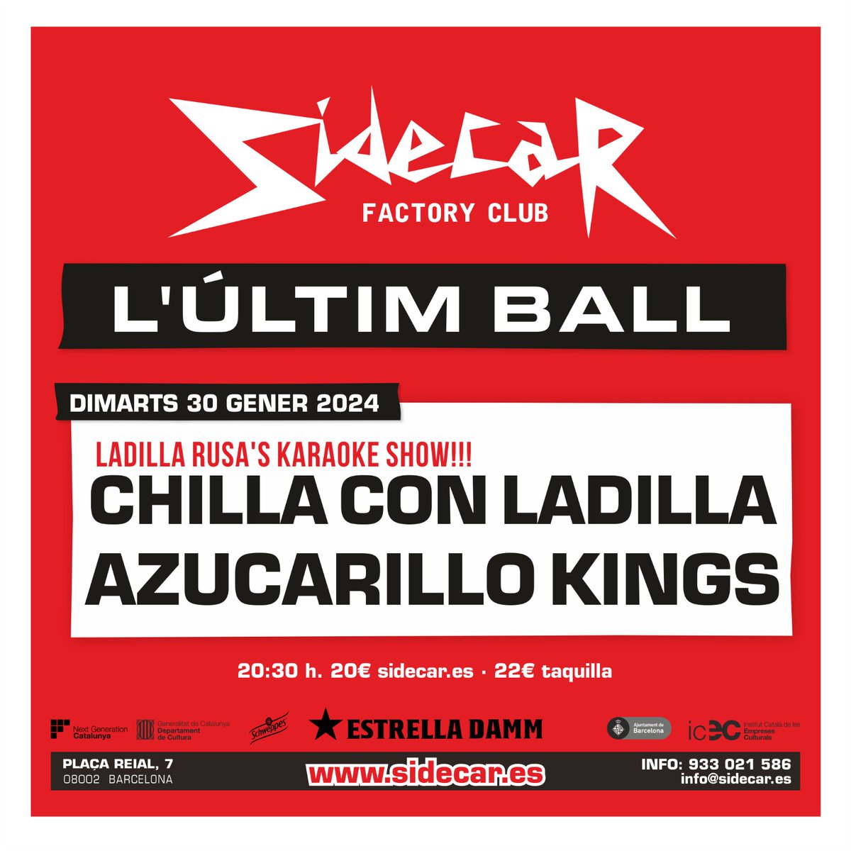 Ladilla Rusa (@ladillarusa) on Twitter photo ¡Ladillas! <a href="/SIDECARbcn/">SIDECAR Factory Club</a> es una de las salas de nuestra vida ❤️ Antes de que cierren (😢) celebraremos L'ÚLTIM BALL 🕺🏻
Os esperamos en 'CHILLA CON LADILLA', show de KARAOKE MU LOCO 🎤👩🎤👨🎤 y también estarán Azucarillo Kings
🎫 ENTRADAS a la venta en sidecar.es
❤️❤️ ¡Ladillas! <a href="/SIDECARbcn/">SIDECAR Factory Club</a> es una de las salas de nuestra vida ❤️ Antes de que cierren (😢) celebraremos L'ÚLTIM BALL 🕺🏻
Os esperamos en 'CHILLA CON LADILLA', show de KARAOKE MU LOCO 🎤👩🎤👨🎤 y también estarán Azucarillo Kings
🎫 ENTRADAS a la venta en sidecar.es
❤️❤️