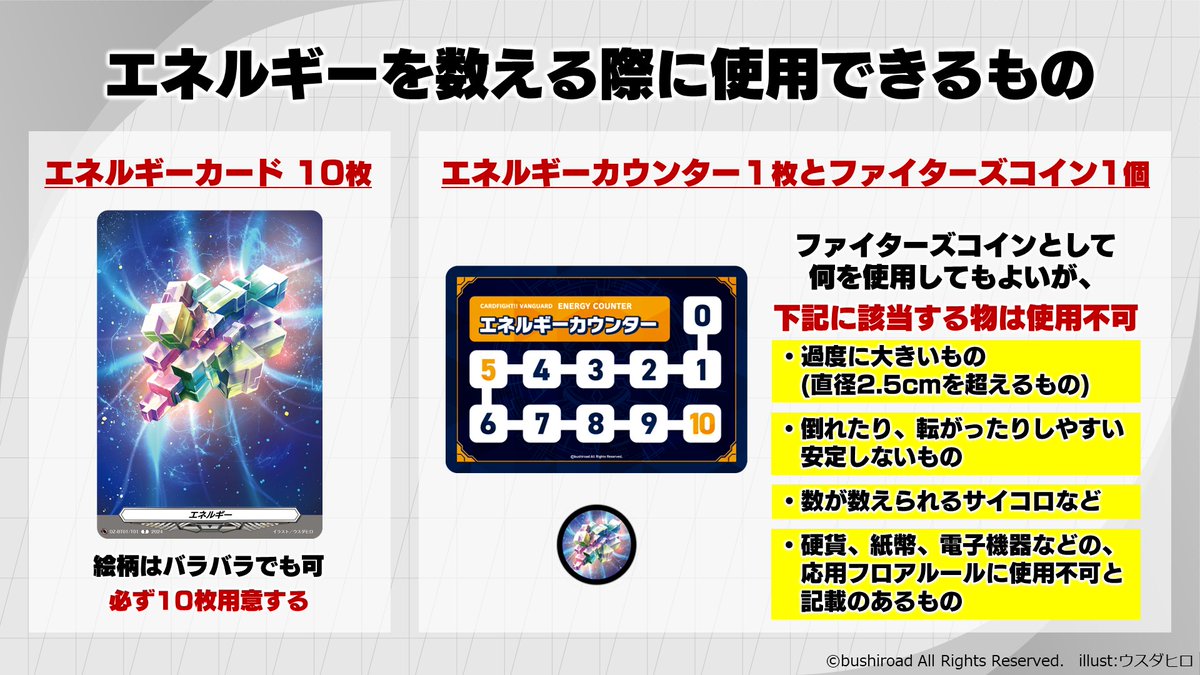 週ヴァン】 🔰エネルギーを数える際に用意するもの ✧エネルギー 10枚 ✧エネルギーカウンター 1枚 ✧ファイターズコイン 1枚 ⚠コインの代用品にはルールがあります  2024/1/19(金)以降の公認大会、イベント参加前には必ずご確認をお願いいたします。 #ヴァンガード