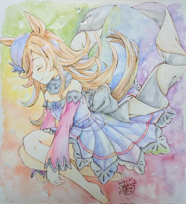 水彩で描きましたやっと完成 21日のBS祭に持っていきます!   #ウマ娘 #ライスシャワー