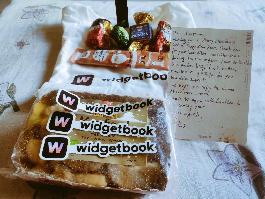 Thanks @widgetbook_io
 
For the delightful sweets and shirt for my contribution during HacktoberFest.

Looking forward to contributing more in the coming years.

Belated Christmas wishes and Happy New Year🎊

Contribution details:-
github.com/widgetbook/wid…
