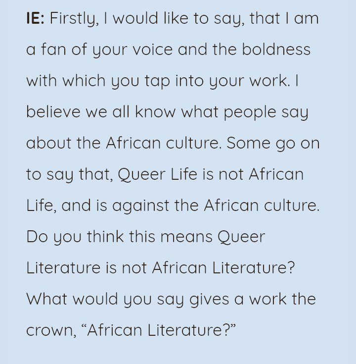 OsumareAyomi's tweet image. Privileged to be among the four believed-strong literary voices on the continent interviewed by @tvotribe. Here,@AyeEcho & I discussed “old and new African literature” while quoting @NzubeNlebedim,referring to @ErnestOgunyemi's diatribes & calling out queer African deities.🌞🌈
