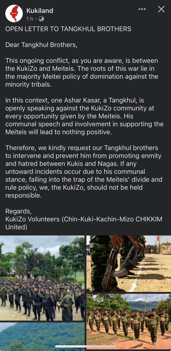 Paari_Athouba's tweet photo. The Kuki community's audacious claim of calling the Naga people brothers, while conveniently sidelining their singular concern with one Ashang Kasar, demands a reflective look at history and a critical examination of their deceitful character, which echoes through every uttered word.

1. In 1993, Kukis obliterated entire Naga settlements in the original village of MOREH town.
2. T-Minou, a Naga village near MOREH, remains desolate as Kuki immigrants occupy it.
3. The 1992-93 clashes witnessed almost 800 innocent Naga lives falling victim to Kuki aggression.
4. Presently, Kukis cite Naga killings in memorandums submitted to international forums like the UN, Prime Minister of Israel, and the EU Parliament.
5. A case is pending at the Supreme Court of India, filed by Kukis against Nagas for allegedly killing 1200 Kukis during the 1993 violence, using terms like "Genocide by the Nagas" in Manipur.
6. Kukis have strategically surrounded Konsakhul Liangmei village, dictating ownership despite their actions.
7. Numerous incidents reveal instances where Kuki leaders deceitfully carried out atrocities, challenging several Naga villages. To remind one, the so called ANGLO-KUKI WAR 1917-19 is indeed a series of Dacoity and killing of the Nagas and their Villages  carried out by the Kukis. A page enclosed below.

Despite these historical hostilities, Kukis persist in labeling Nagas as their brothers and seek cooperation. However, a stark cautionary note echoes from a prominent Naga leader: "Never trust the Kuki; they are deceitful and treacherous." This historical perspective urges us to approach any collaboration with Kukis with extreme caution and a discerning eye from now on after their recent experience with the Meetei.