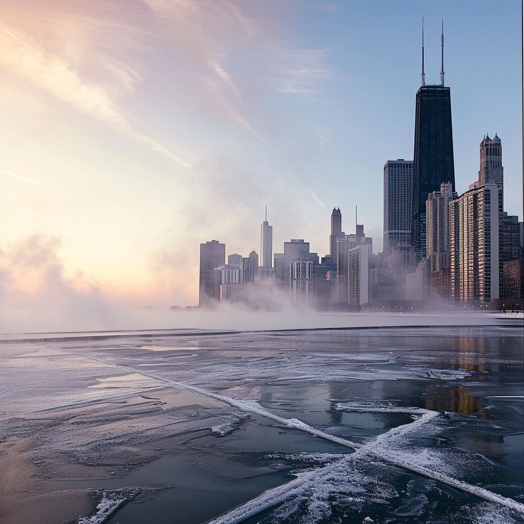 JamianGerard's tweet image. -20 Degrees in Chicago. Steam fog, also known as sea smoke, arises when bitterly cold air moves over warmer water, creating this ethereal vapor. The Chicago skyline stands resilient in the background. #Chicago #ChicagoWinter #NaturePhotography #midjouney
