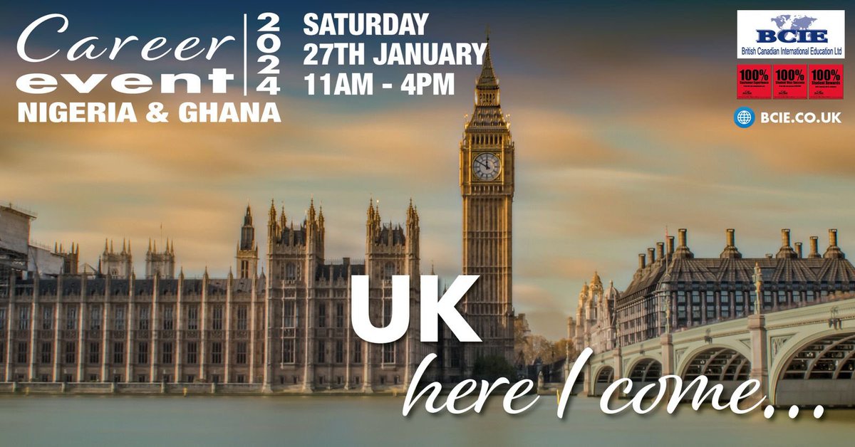 BCIEUK's tweet photo. 🌟 Exciting opportunities for Ghanaian and Nigerian Students! 🇬🇭🇳🇬 Save the date for BCIE Career Advice Day on Saturday, 27th Jan 2024, 11 am onwards. Apply now for July &amp; Sept 2024 intakes! Register at https://t.co/TRTml4SQOB. Don't miss out! 🚀📆 #BCIECareerAdvice #StudyAbroad https://t.co/iDVAiiYUpw