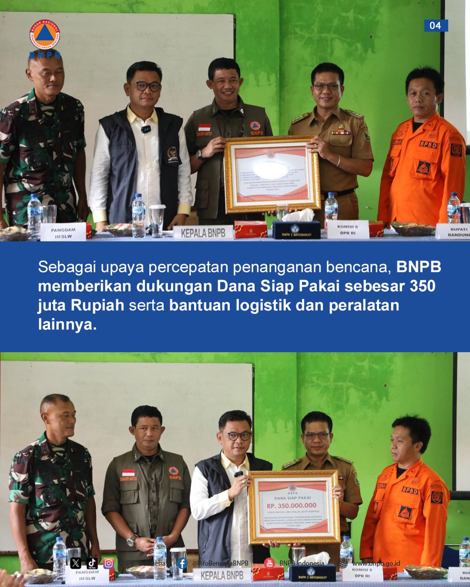 BNPB memberikan dukungan dana siap pakai sebesar 350 juta rupiah dan dukungan logistik dan peralatan bagi warga yang terdampak dan mengungsi. #BNPBIndonesia #BanjirBandung #SiapUntukSelamat #BudayaSadarBencana