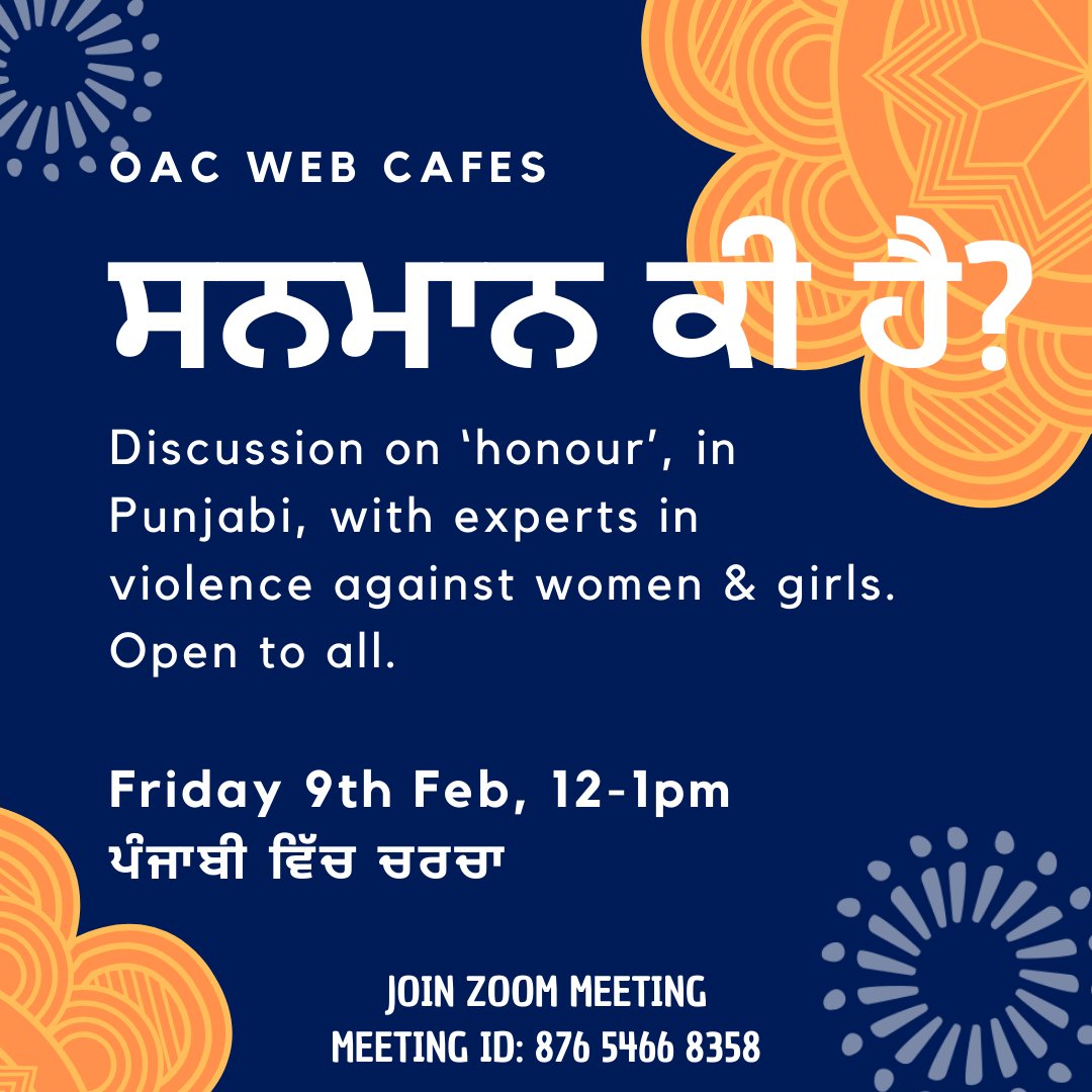 Please join us for a discussion on 'honour' in #Punjabi.

Ideas around honour, shame and reputation can impact relations at home and in communities and can affect support-seeking behaviours.

Please share this with your networks. #PsychologicalAbuse #PhysicalAbuse #EmotionalAbuse