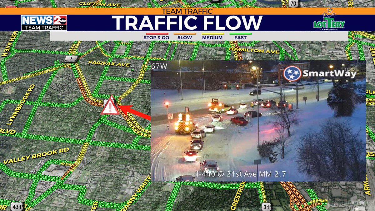Marcus Bagwell (@marcus_wx) on Twitter photo Concerns for the roads. We're watching vehicles stall out due to heavy snow build-up and ice. This camera view at 440 East exit ramp to Hillsboro Road. TDOT on scene assisting these drivers.
wkrn.com/traffic Concerns for the roads. We're watching vehicles stall out due to heavy snow build-up and ice. This camera view at 440 East exit ramp to Hillsboro Road. TDOT on scene assisting these drivers.
wkrn.com/traffic