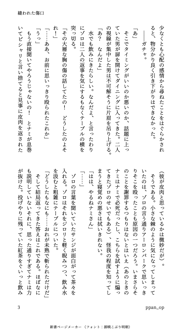 #ゾロル 聞くのを諦めた話(1/2)
コ…ヤシ村出航直後、ゾの傷が気になるナ…さん
カプ要素は霧散している