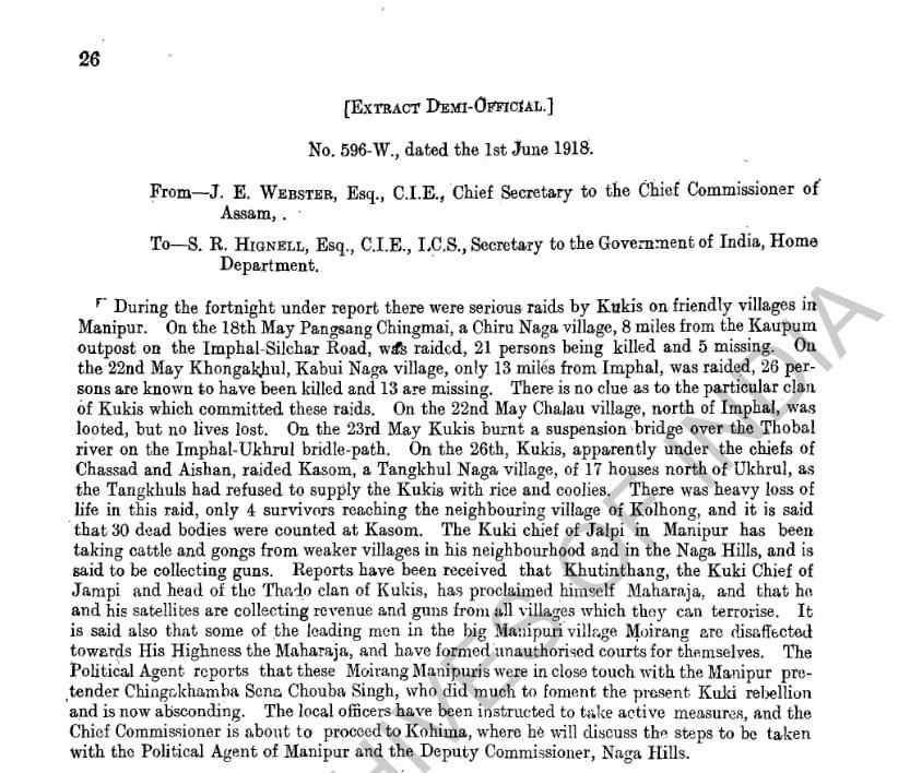 Paari_Athouba's tweet photo. The Kuki community's audacious claim of calling the Naga people brothers, while conveniently sidelining their singular concern with one Ashang Kasar, demands a reflective look at history and a critical examination of their deceitful character, which echoes through every uttered word.

1. In 1993, Kukis obliterated entire Naga settlements in the original village of MOREH town.
2. T-Minou, a Naga village near MOREH, remains desolate as Kuki immigrants occupy it.
3. The 1992-93 clashes witnessed almost 800 innocent Naga lives falling victim to Kuki aggression.
4. Presently, Kukis cite Naga killings in memorandums submitted to international forums like the UN, Prime Minister of Israel, and the EU Parliament.
5. A case is pending at the Supreme Court of India, filed by Kukis against Nagas for allegedly killing 1200 Kukis during the 1993 violence, using terms like "Genocide by the Nagas" in Manipur.
6. Kukis have strategically surrounded Konsakhul Liangmei village, dictating ownership despite their actions.
7. Numerous incidents reveal instances where Kuki leaders deceitfully carried out atrocities, challenging several Naga villages. To remind one, the so called ANGLO-KUKI WAR 1917-19 is indeed a series of Dacoity and killing of the Nagas and their Villages  carried out by the Kukis. A page enclosed below.

Despite these historical hostilities, Kukis persist in labeling Nagas as their brothers and seek cooperation. However, a stark cautionary note echoes from a prominent Naga leader: "Never trust the Kuki; they are deceitful and treacherous." This historical perspective urges us to approach any collaboration with Kukis with extreme caution and a discerning eye from now on after their recent experience with the Meetei.