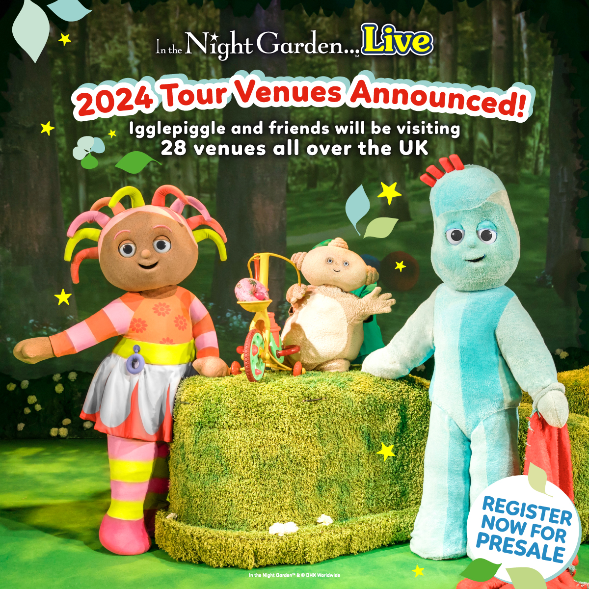🤩 Great news! The venues for In the Night Garden Live 2024 have been announced! Igglepiggle and friends will be visiting 28 venues all over the UK, from Thu 2 May to Thu 5 Sep. You can see the full tour list on our website ➡️ NightGardenLive.com/#venues Pip-pip, onk-onk ☀️🍃