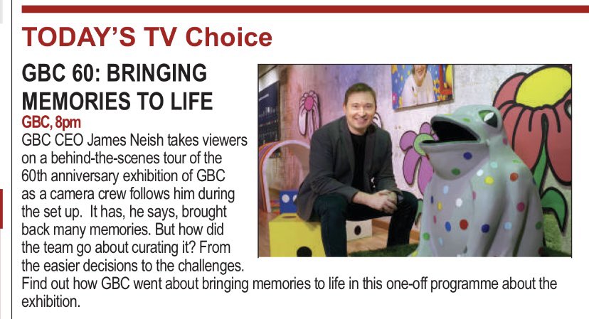 JamesNeish's tweet photo. Here’s a good TV choice for today 👇 A behind-the-scenes look at how we created the exhibition to mark 60 years of GBC. #GBC60 https://t.co/eErb8s7oo1