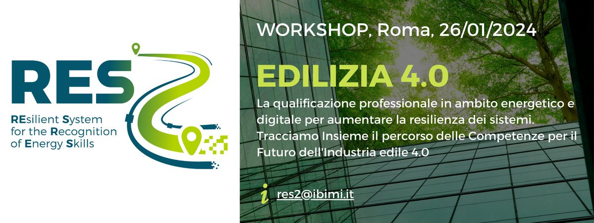 Inauguriamo il ciclo di #workshop del progetto #RES2 con un appuntamento focalizzato sulle competenze e l'innovazione nel settore edile.

📆26 gennaio ore 14 Auditorium della Tecnica,

🖊️I posti sono limitati e in fase di esaurimento, ISCRIVITI ORA: ibimi.it/res2/workshop-…