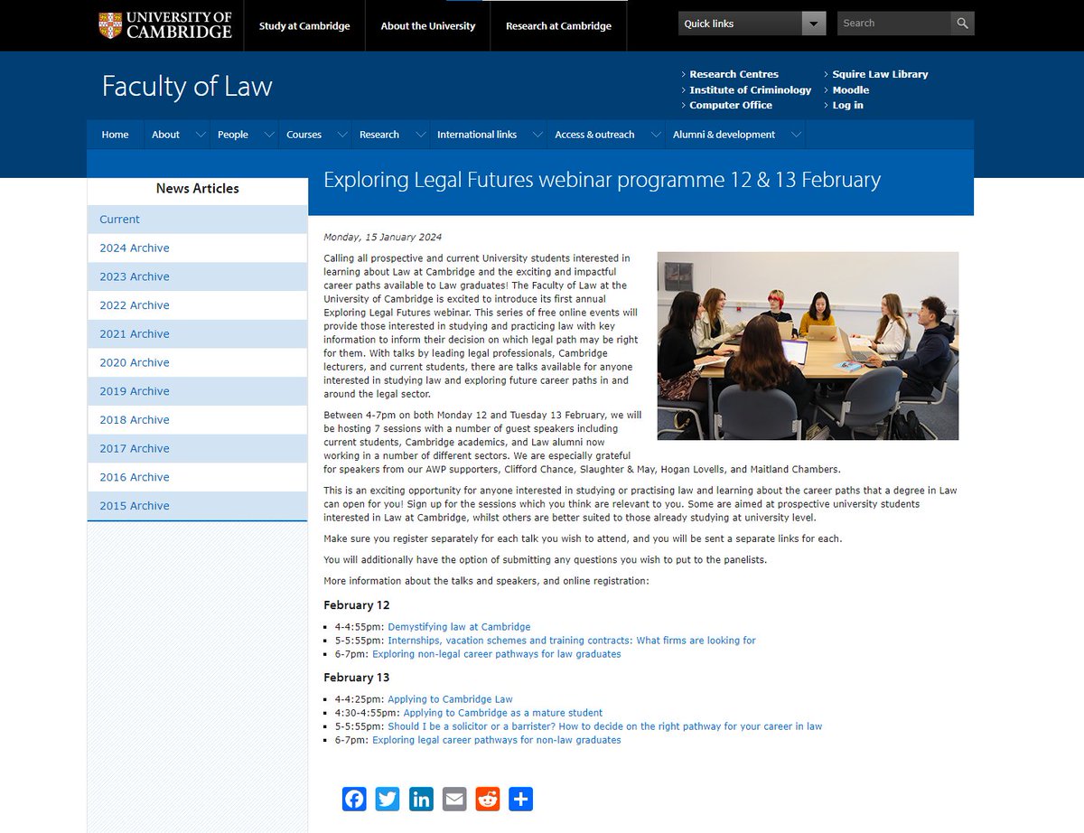 Calling all prospective Uni students interested in learning about law degrees, or the exciting and varied career paths available to law grads. We're hosting the 'Exploring Legal Futures' webinar programme on 12 & 13 Feb - check out the details & register: law.cam.ac.uk/press/news/202…