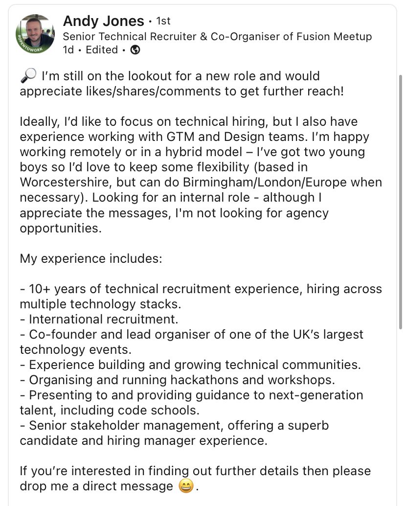 hannah_fusion's tweet photo. Hey friends 👋 @andyfusion1 is still looking for a new role (which is INSANE!🤯). Please share the below 🫶🏼👇 

If there any tech companies out there looking to; 

🚀 Grow your team
❤️ Strengthen your brand 
🌎 Build a user/internal community 

Then he’s your person! 

#RT https://t.co/1xsWRQpmI0