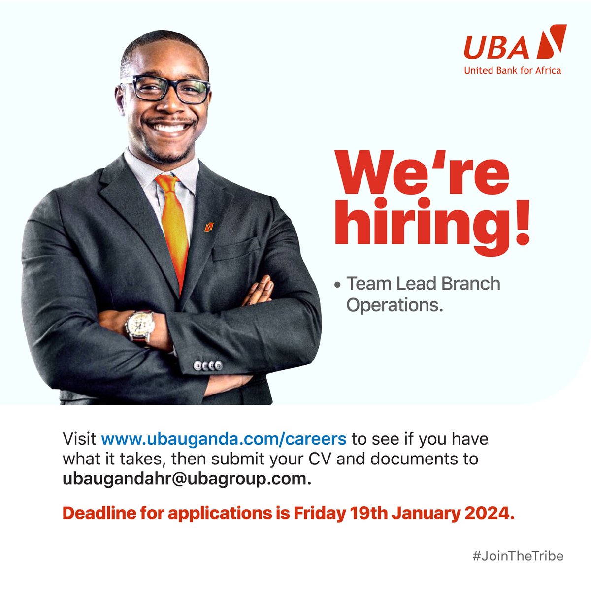 𝐉𝐨𝐢𝐧 𝐭𝐡𝐞 𝐓𝐫𝐢𝐛𝐞. Are you ready to monitor and coordinate the operations across the branch network through the Branch Operations teams? We are looking for you. Read more: ubauganda.com/careers/ Deadline: 19th January 2024. #Hiring #JoinTheTribe