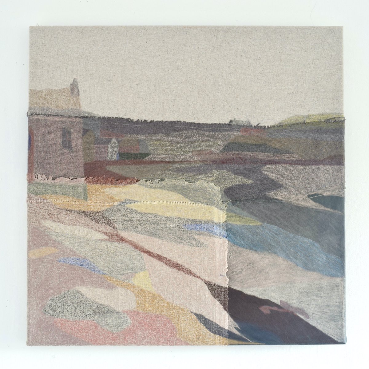 Siobhan_Studio's tweet photo. Excited to be showing this work and others with Ruup &amp; Form at @LondonArtFair this week. The fair is open 17th-21st, PV 16th. 

St Margaret's Hope, Orkney. 2023, Pencil and earth pigments on sewn remnant materials, 50x50cm. https://t.co/68rDvOcWpf