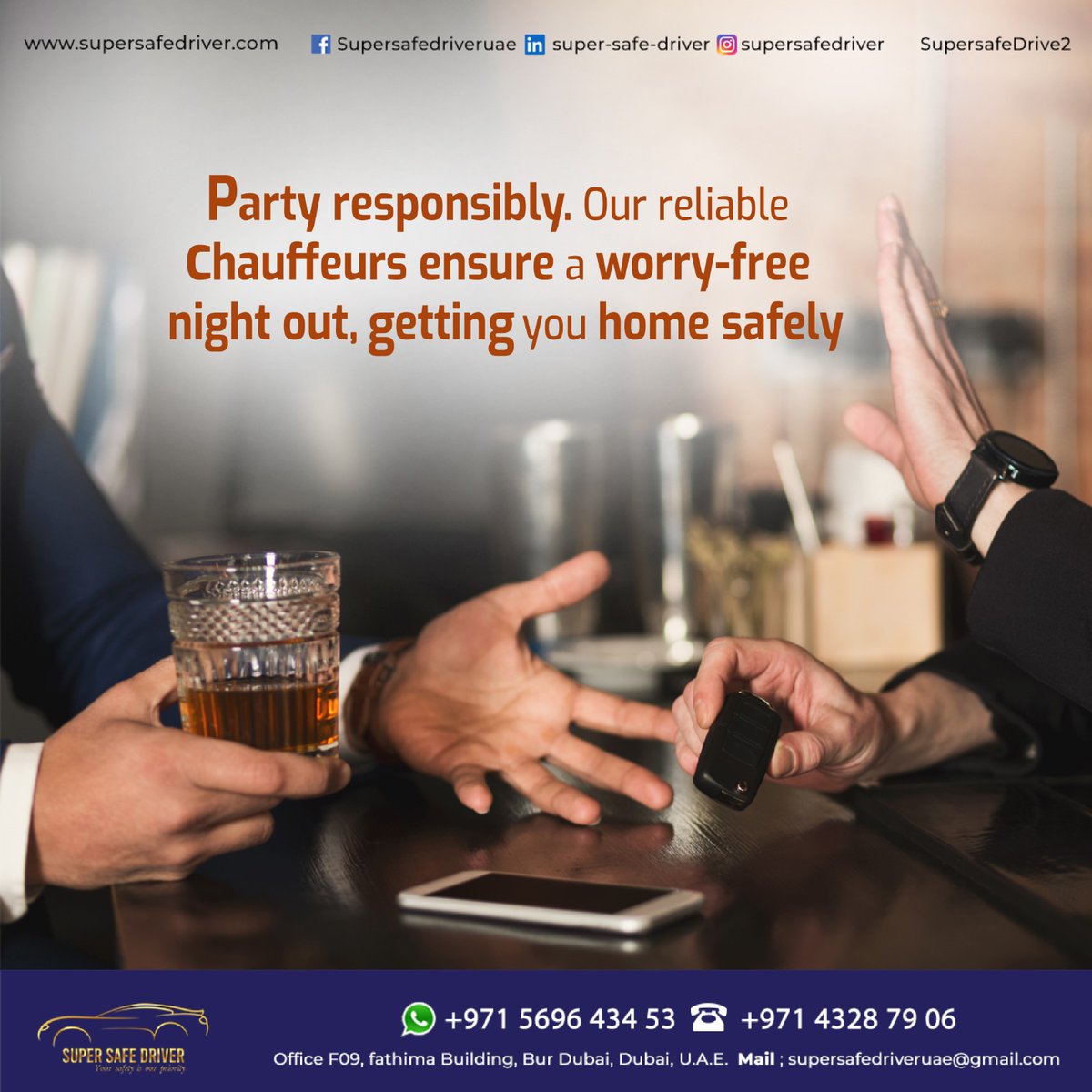 SuperSafeDrive2's tweet photo. Let the good times roll! 🎉 Party responsibly with our reliable chauffeurs, ensuring a worry-free night out. Your safety is our priority.
Visit: https://t.co/LfdFNdSPZB
Whatsapp: 056 964 3453
Call: +971 43287906
#supersafedriver #chauffeurservices #SafeNightsOut #comfortableride https://t.co/0x1RxyGZ4J