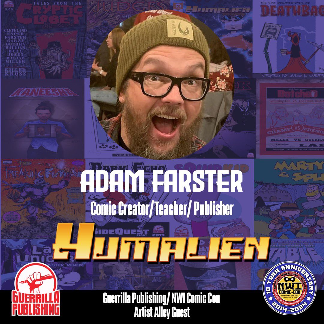 Save the date! Join us on Saturday, Feb 10th at NWI Comic Con in the Guerrilla Publishing booth. Meet and chat with the award-winning creator J. Adam Farster, the genius behind Humlaien and Skull Boy and the Moon Balloon.#NWIComicCon #MeetTheCreator #ComicConAdventures”