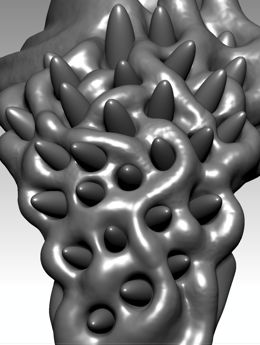 STRANGE_FREAK's tweet photo. 集合体なんとか・・・zbrushで穴をあける作業です。
ちなみに穴をあけるのに便利な機能って何だろ。
ブーリアンで抜けるならこういうトゲをぶっ刺してサクッと抜くんだけど、ちょとメンドクサイ。
盛ってくならまた別の作業になるけども。
#zbrush #sfdmk https://t.co/0sNSQeih8b
