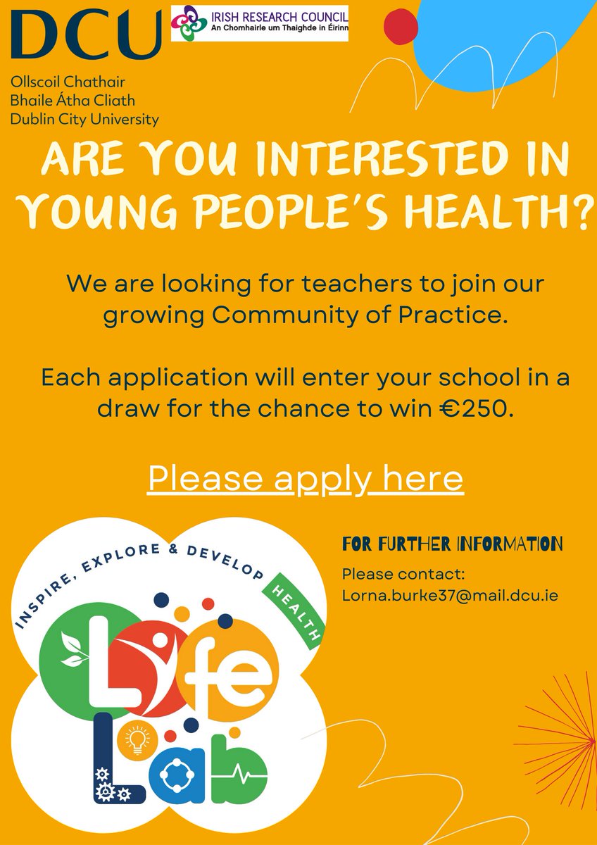 Are you interested in young people’s health? We are looking for teachers to join our growing Community of Practice. Each application will enter your school in a draw for the chance to win €250. Please apply here: forms.gle/Q2n1oxkdP6qRMv…