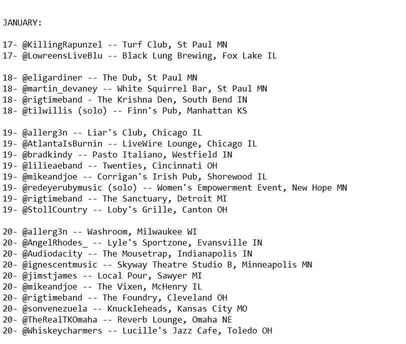 20- <a href="/allerg3n/">Allergen</a> <a href="/AngelRhodes_/">Angel Rhodes Music</a> <a href="/Audiodacity/">Audiodacity</a> <a href="/ignescentmusic/">Ignescent</a> <a href="/jimstjames/">Jim St. James</a> <a href="/mikeandjoe/">Mike and Joe</a> <a href="/rigtimeband/">RIG TIME!</a> <a href="/sonvenezuela/">Son Venezuela</a> <a href="/TheRealTKOmaha/">TKOmaha</a> <a href="/Whiskeycharmers/">The Whiskey Charmers</a>