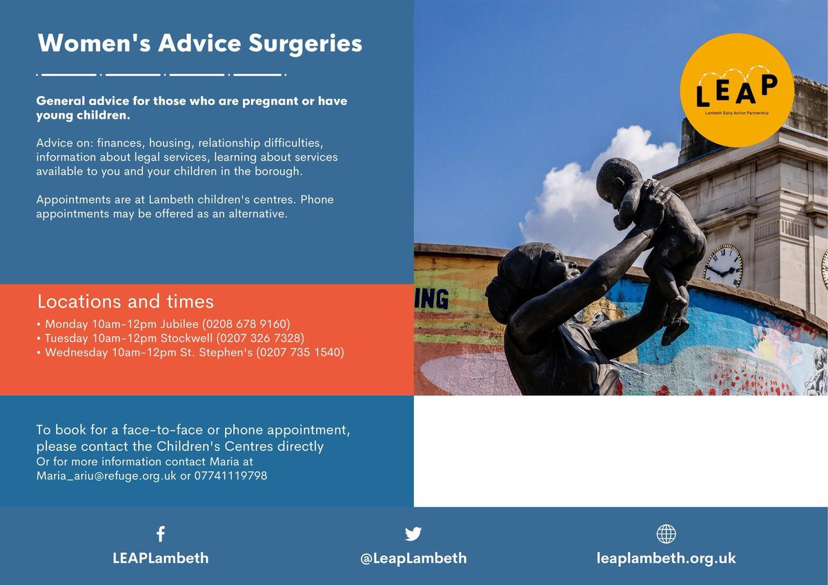 Women's Advice Surgeries by LEAP for guidance on pregnancy, parenting, finances, housing, and more. 

Face-to-face or phone appointments available. 

Check the schedule and book your slot. Contact Maria at maria_ariu@refuge.org.uk or 07741119798. 

#WomensSupport #lambeth #women