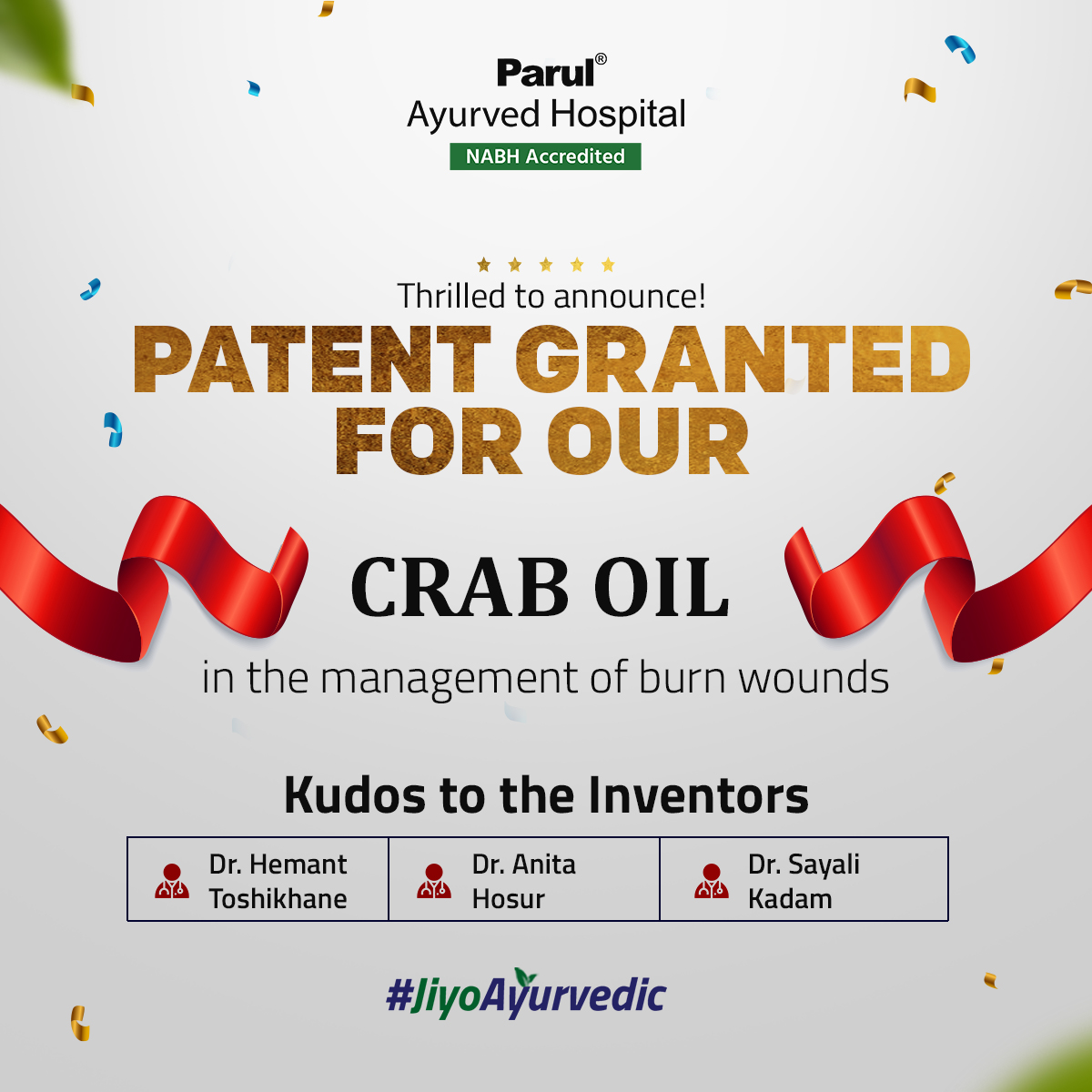 parul_pah's tweet photo. 🍀Our team is delighted to announce the grant of a patent for our groundbreaking medicated oil, a unique blend of Crab 🦀 and Sesame oil, expertly formulated by Dr. Hemant Toshikhane, Dr. Anita Hosur, and Dr. Sayali Kadam. 🍀

#parulayurved #parulayurvedhospital #jiyoayurvedic https://t.co/a6IynO1SJL