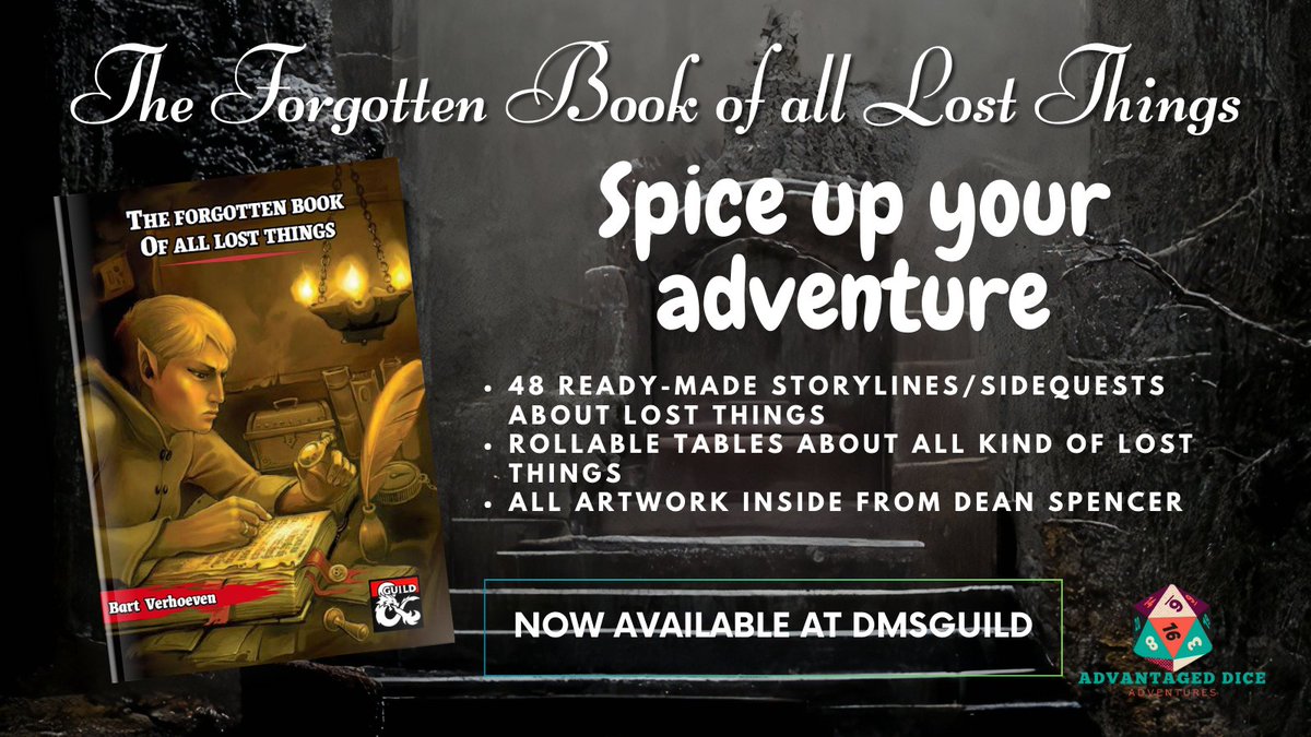 Spice up your adventures with this precious book about all lost things.
✨22 pages 
✨48 ready-made storylines about lost things 
✨Rollable tables about all kinds of lost things 
✨All artwork inside from Dean Spencer

👉Now available on #dmsguild : dmsguild.com/product/464487…
#dnd
