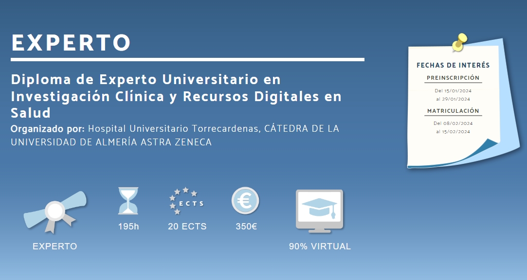 📢 Formación de interés para #farmacéuticos hospitalarios: 

El <a href="/TorrecardenasHU/">Hospital Universitario Torrecárdenas</a> y la <a href="/ualmeria/">Universidad de Almería</a> convocan el Diploma de Experto Universitario en #Investigación Clínica y Recursos Digitales en Salud. 

⏳ 195 horas 
📝 20 créditos ECTS 
✅ Preinscripción abierta