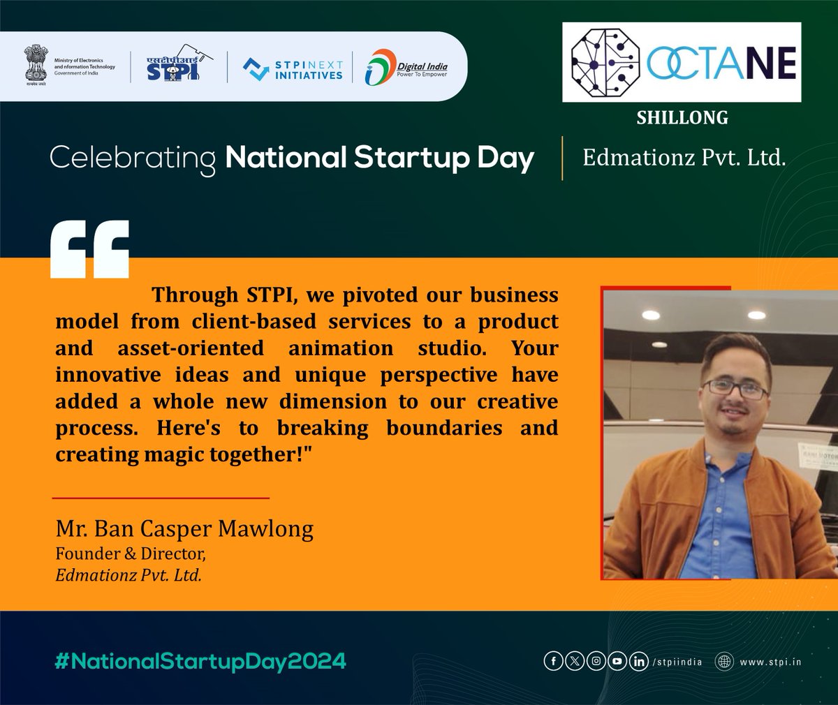 Celebration of #NationalStartupDay on 16th January 2024 at @STPIShillong
 
#NationalStartupDay2024 #STPIStartupEcosystem #TheNextWave #STPIINDIA

@_DigitalIndia
@GoI_MeitY
@MSH_MeitY
@startupindia
@Rajeev_GoI
@arvindtw