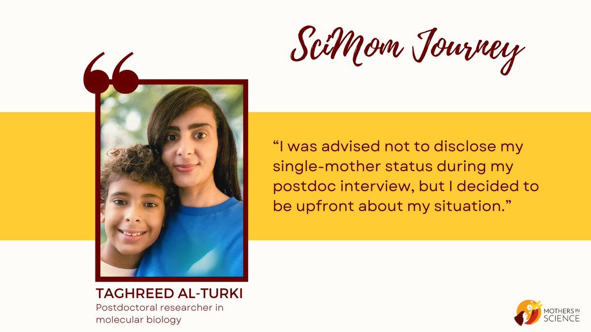 "I redefined success by not comparing myself to others and focusing on selective, innovative projects that brought contentment."
1st #SciMomJourney for 2024  Taghreed Al-Turki, single mom and post-doc in molecular biology. Read her inspiring story👇
mothersinscience.com/journeys/taghr…